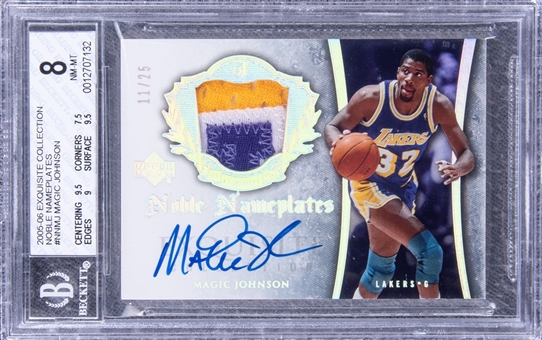2005-06 UD "Exquisite Collection" Noble Nameplates #NNMJ Magic Johnson Signed Game Used Patch Card (#11/25) - BGS NM-MT 8/BGS 10